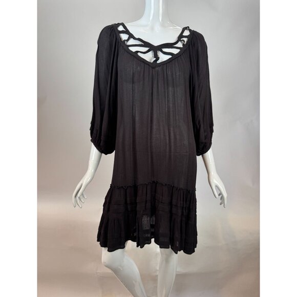 Philosophy Black Tiered Boho Dress M With Cutout Back & 3/4 Sleeves 100% Rayon M - Picture 1 of 16